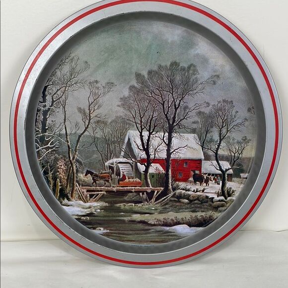 Vintage Winter Scene Metal Tray Giftco Inc Decor - Picture 1 of 5